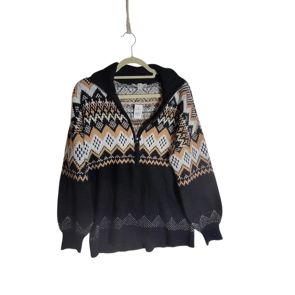 Ann Taylor Loft Black, Brown & White Fair Isle Half Zip Tunic Sweater Size L NWT